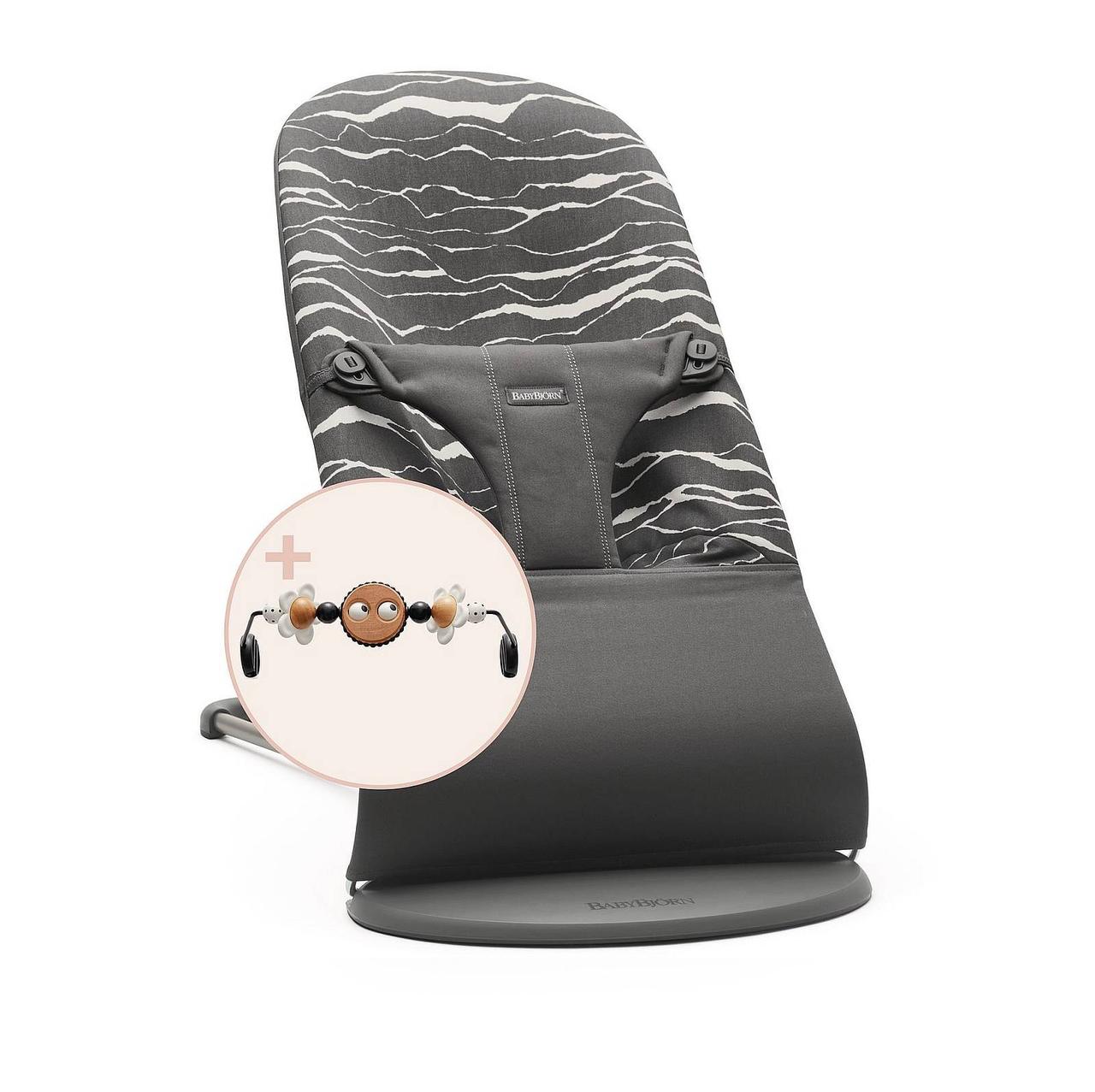 BabyBjorn - Крісло-шезлонг Bouncer Bliss Cotton, Antracyt/Landscape Print + Іграшка Googly Eyes Black and White