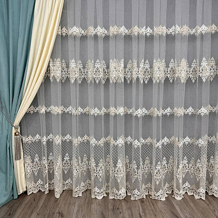 М'який фатиновий тюль із густою вишивкою No16241 золотисто-кремовий, фото 1