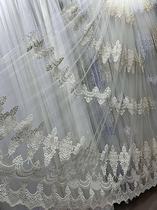 М'який фатиновий тюль із густою вишивкою No16242 золотисто-кремовий, фото 1