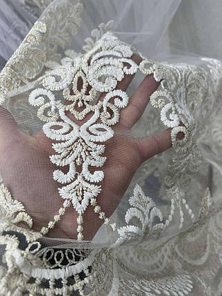 М'який фатиновий тюль із густою вишивкою No16242 золотисто-кремовий, фото 3