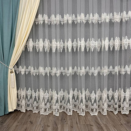 М'який фатиновий тюль із густою вишивкою No16242 Кремовий, фото 1