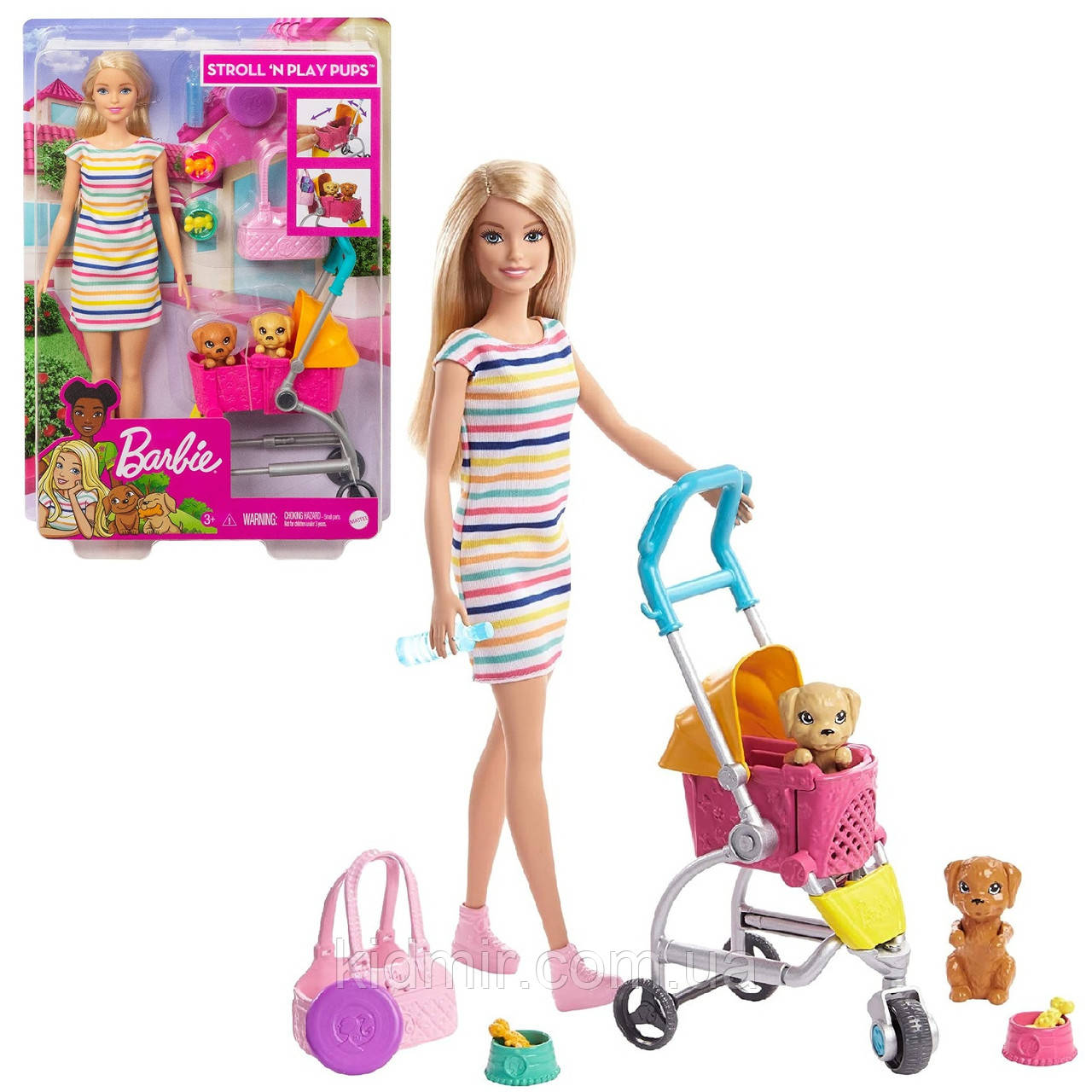 Barbie Strollin Play Pups GHV92 Лялька Барбі Прогулянка з цуценятами в колясці, фото 1