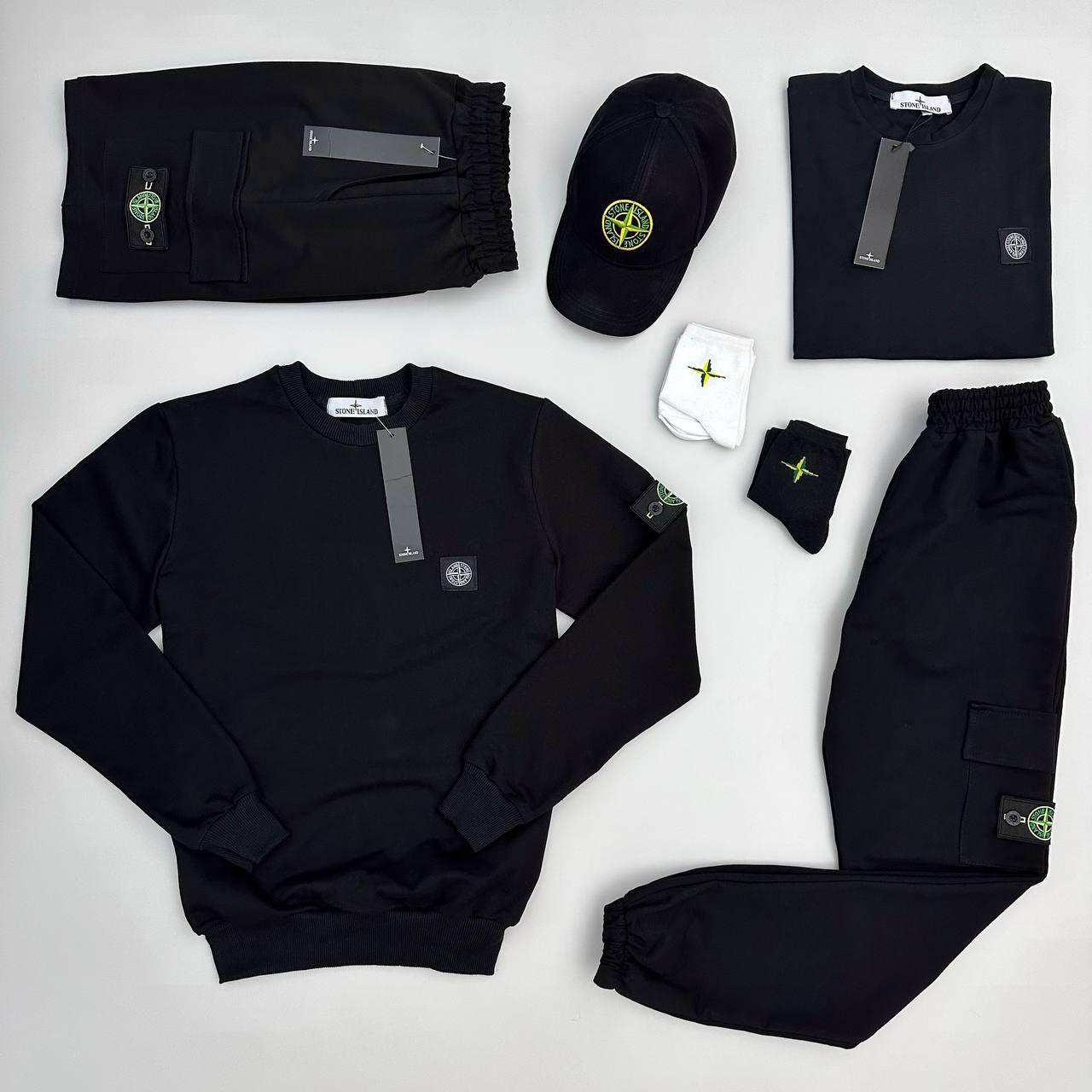 Комплект чоловічий Stone Island спортивний костюм шорти футболка кепка бейсболка весна літо осінь стон айланд чорний