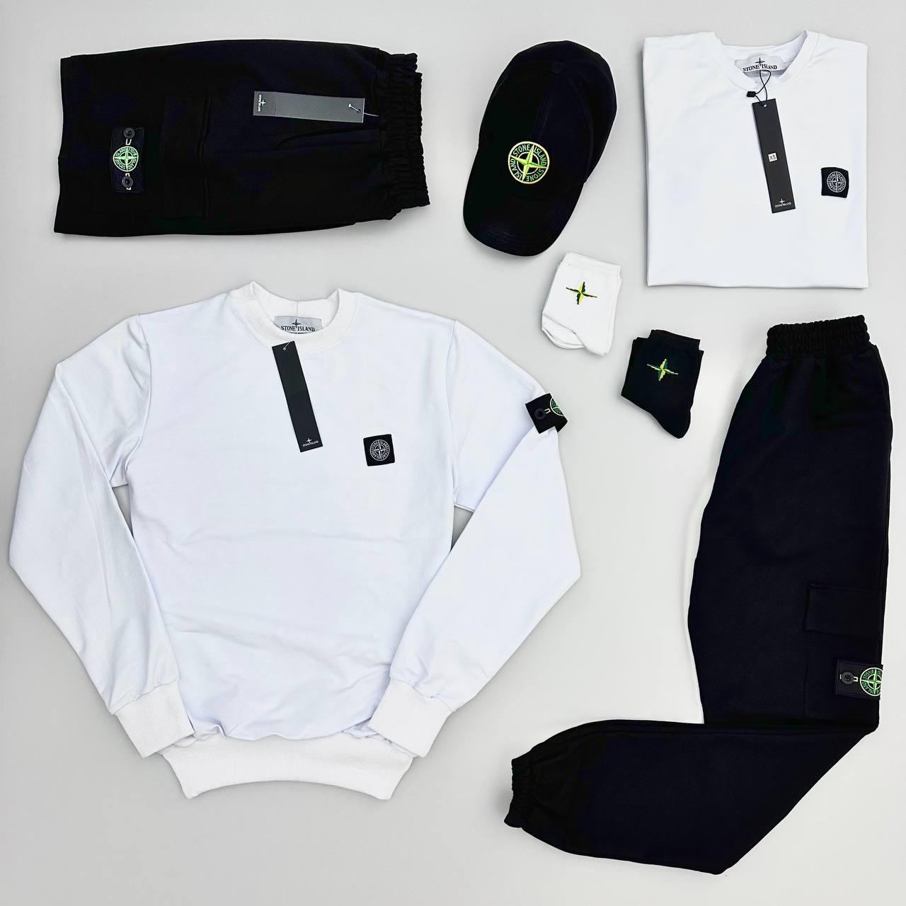 Комплект чоловічий Stone Island спортивний костюм шорти футболка кепка бейсболка весна літо осінь стон айланд білий