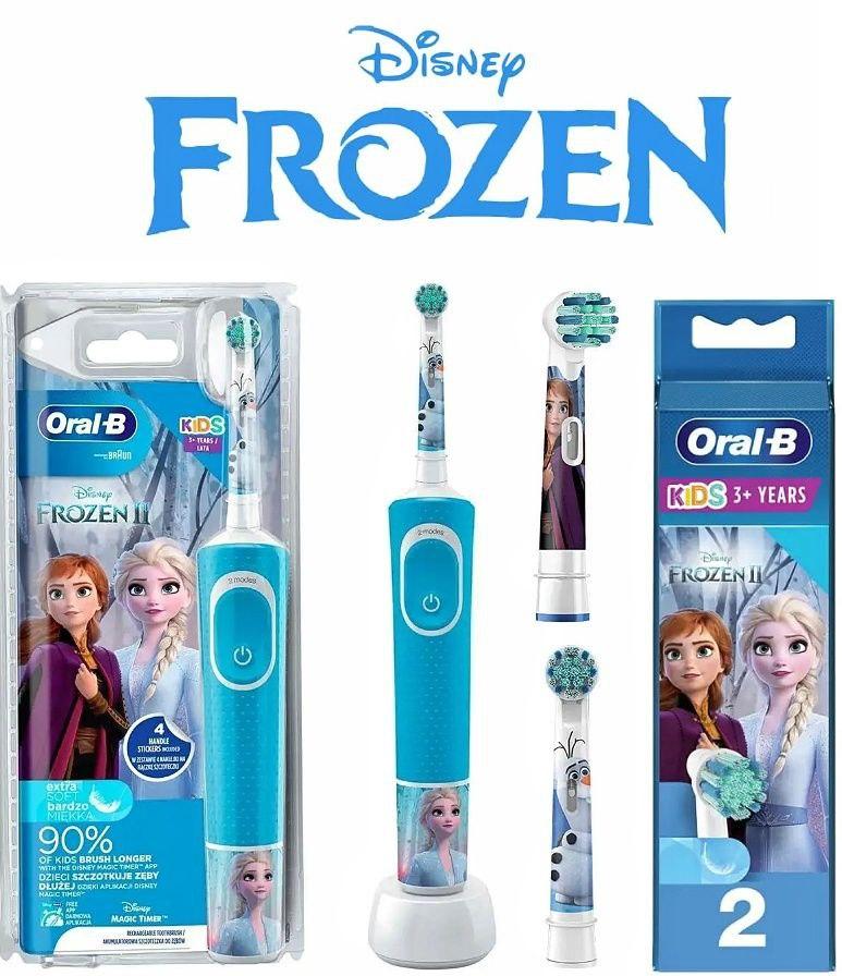 Электрическая зубная щетка детская Braun Oral-B D100 Kids Frozen холодное сердце + дополнительные насадки - фото 1 - id-p1854749743