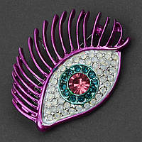 Брошка металева на сріблястій основі очей із різнобарвними стразами покрита кольоровою емаллю розмір 40Х50 мм