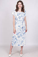 Платье удлиненное женское белый цветы голубой с поясом лен миди Актуаль 063, 50