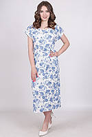 Платье женское белое роза синяя с поясом лен миди Актуаль 063, 50