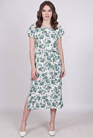 Платье женское белое роза зеленая с поясом лен миди Актуаль 063, 50