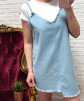 Комплект женский джинсовый коттоновый сарафан на бретельках и футболка р.42/48 голубой