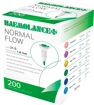 Ланцети одноразові HAEMOLANCE Plus NORMAL FLOW стерильні, голка 21G з глибиною проникнення 1.8 мм (200 шт./уп.), фото 1