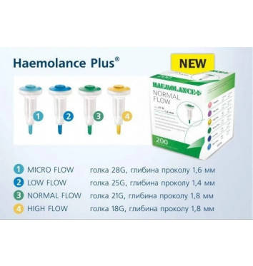 Ланцети одноразові HAEMOLANCE Plus HIGH FLOW стерильні, голка 18G з глибиною проникнення 1.8 мм (200 шт./уп.), фото 3