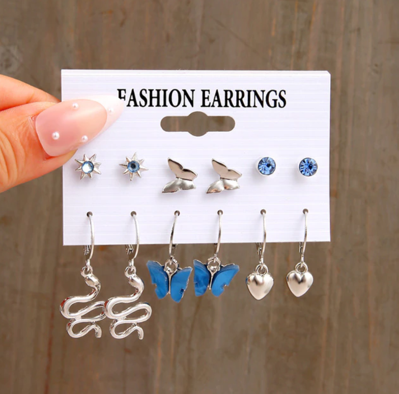 Кольорові яскраві сережки Набір сережок 6 пар різних розмірів і форм Сріблястий (KG-8678), фото 1