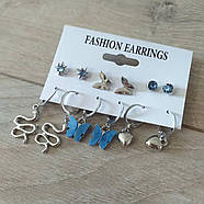 Кольорові яскраві сережки Набір сережок 6 пар різних розмірів і форм Сріблястий (KG-8678), фото 2