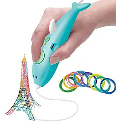 Ручка 3D акумуляторна з трафаретом K9903 дельфін 3D ручка для малювання 3 д ручка у вигляді дельфіна