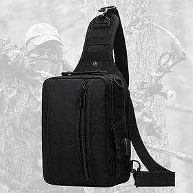 Чорна тактична сумка-рюкзак Sling Pack барсетка на одній лямці + USB вихід.