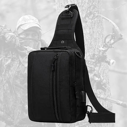 Чорна тактична сумка-рюкзак Sling Pack барсетка на одній лямці + USB вихід., фото 2