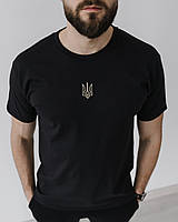 Мужская хлопковая черная футболка с вышитым тризубом