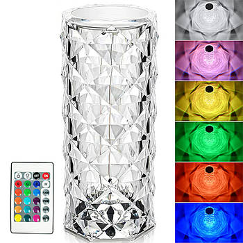 Настільна лампа-нічник RGB (16 кольорів) Crystal Rose, з USB та пультом / Акумуляторний LED світильник кристал