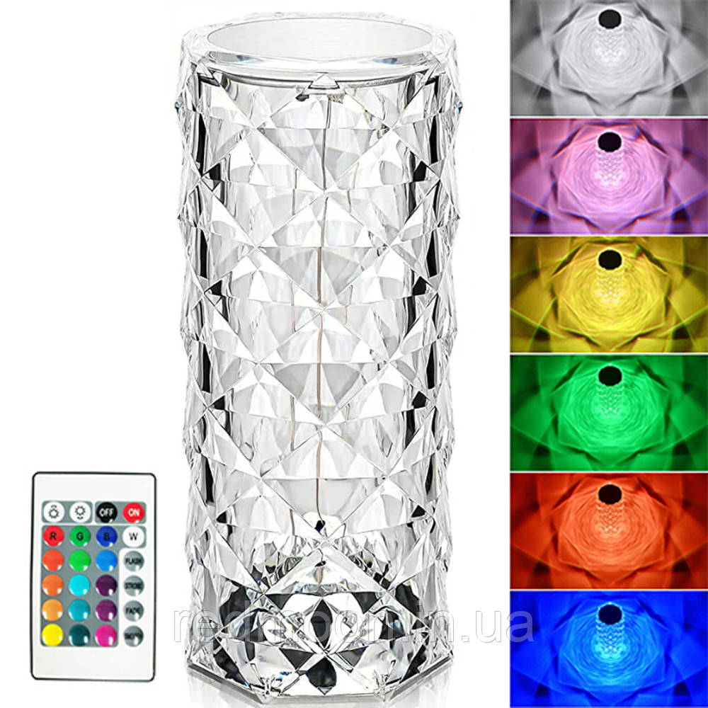 Настільна лампа-нічник RGB (16 кольорів) Crystal Rose, з USB та пультом / Акумуляторний LED світильник кристал