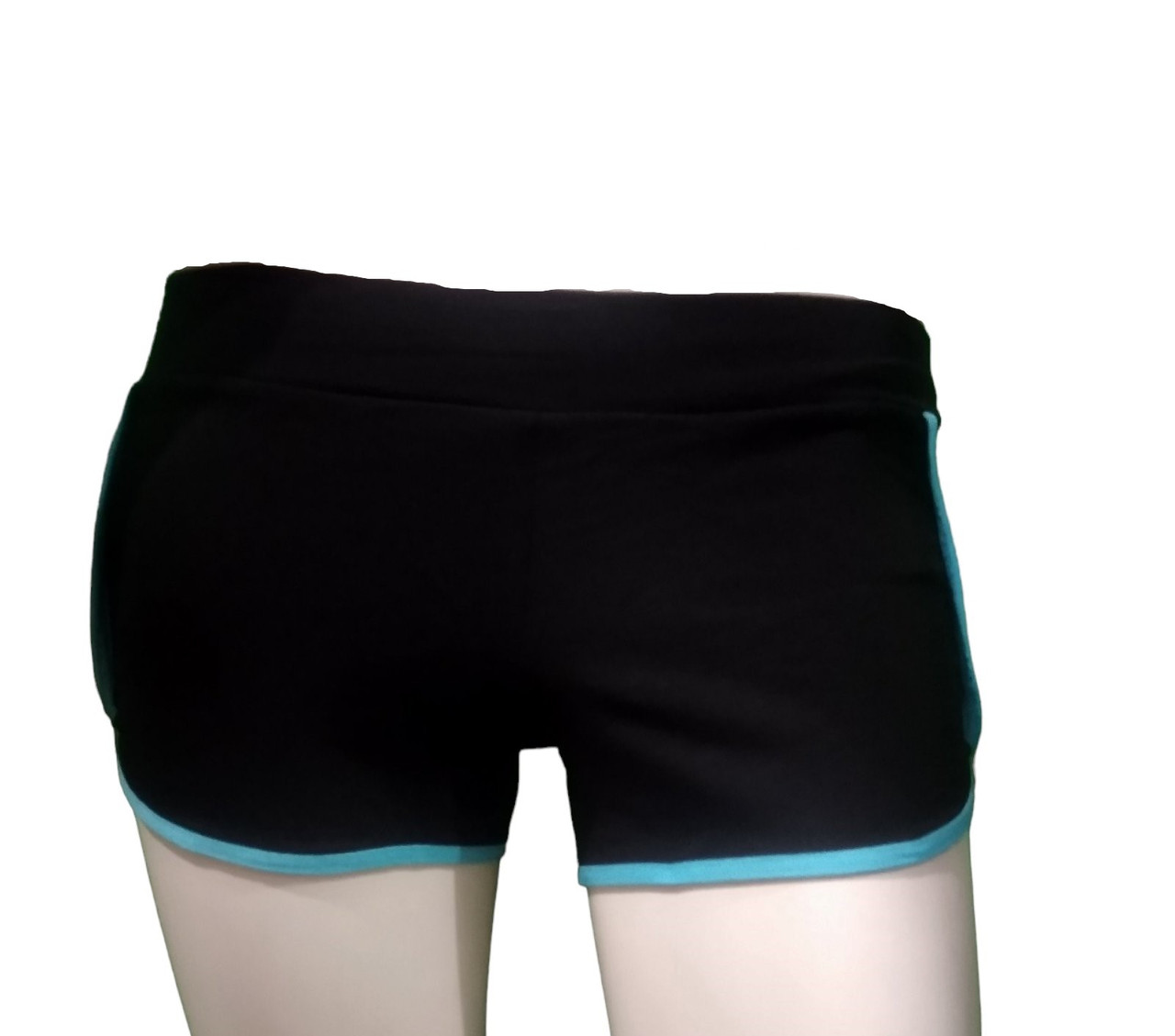 Шорти VLKN для гімнастики і танців бавовна 92% лайкра 8% чорний окантовка бірюзовий розмір 32, зріст 128-134см, фото 1