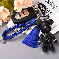 Красивый брелок украшение для ключей с подвеской "Мишка" с синей кисточкой