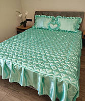 Гарне атласне покривало з подушками (двоспальне) бірюзового кольору, однотонний набір на ліжко
