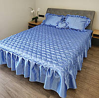 Двоспальне атласне покривало з подушками блакитного кольору, набір на ліжко стібане покривало з подушками