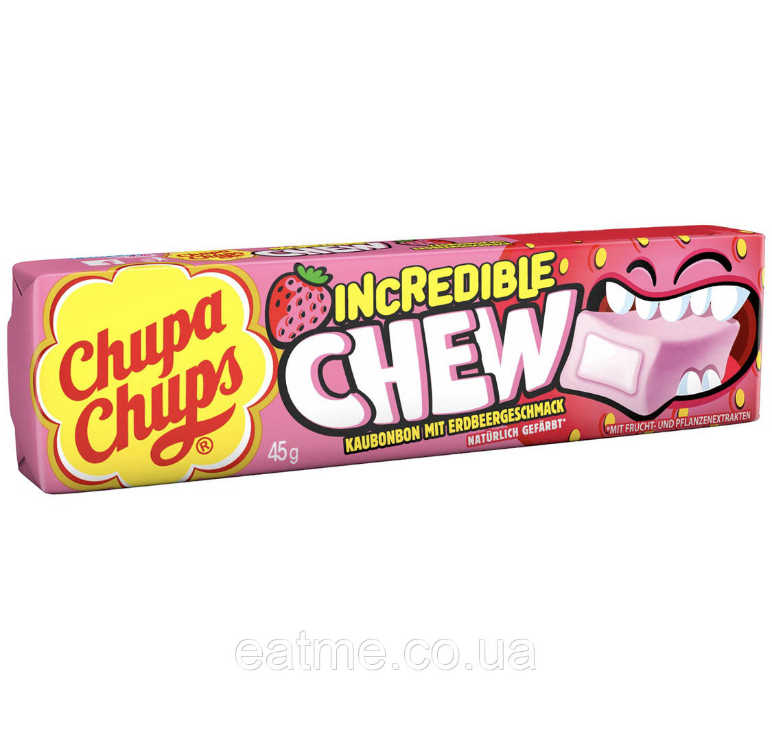 Chupa Chups Incredible Chew Erdbeere Жувальні цукерки зі смаком полуниці в індивідуальній упаковці 45g