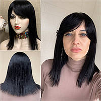 Натуральный женский парик чёрный с длинной чёлкой, натуральный волос