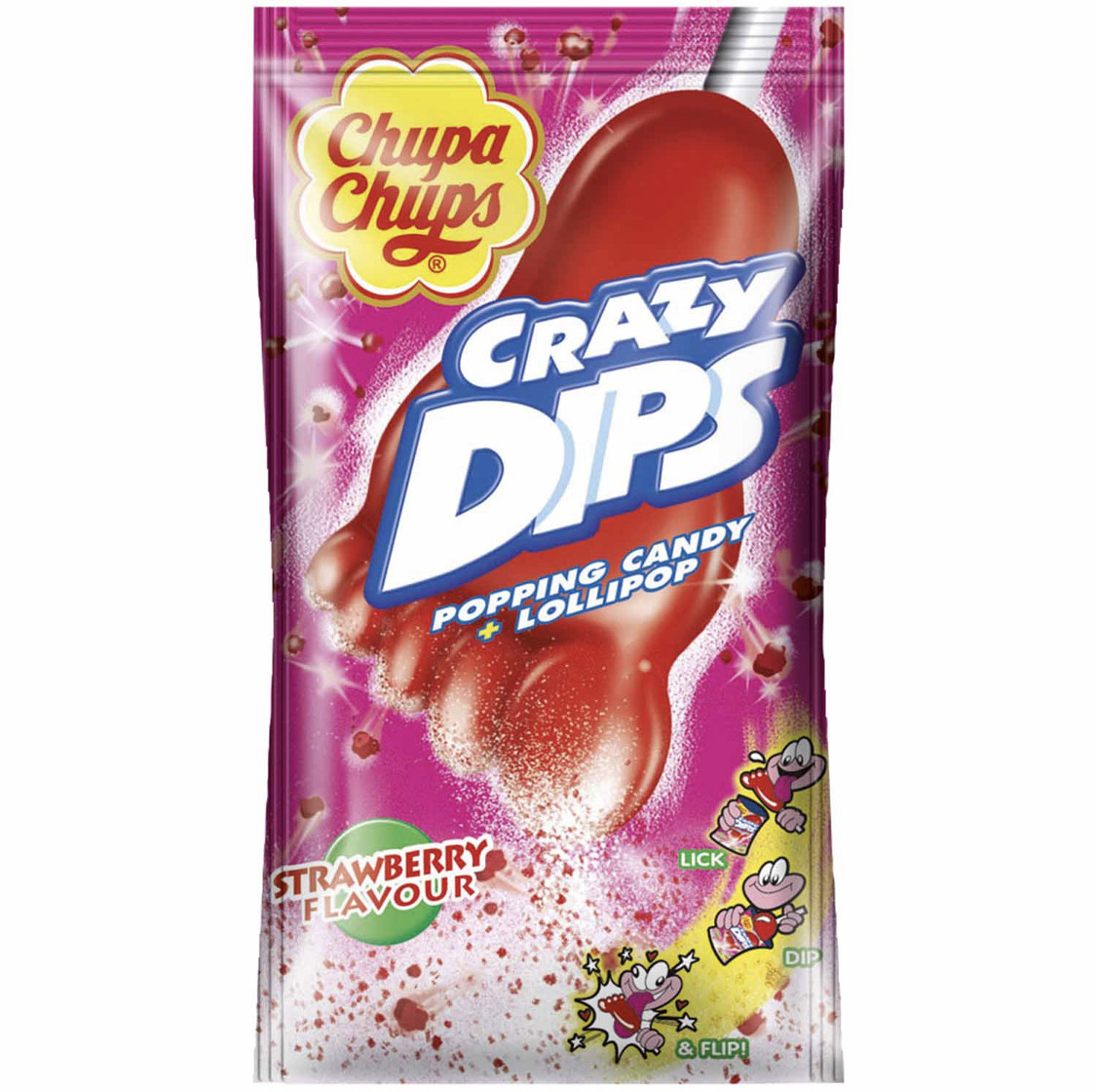 Chupa Chups Crazy Dips Льодяник у формі лапки зі смаком полуниці та шипучою пудрою з взривним ефектом 14g