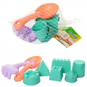 Набір для пісочниці HG-751 лопатка, граблі, формочки (замок), М'ЯКИЙ, в сітці, 15-15-8см