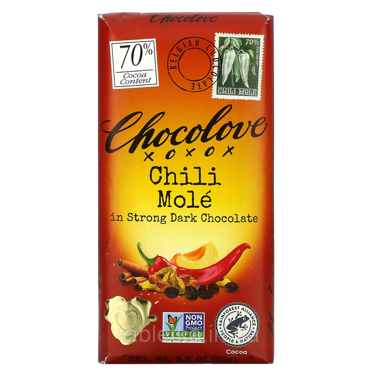 Chocolove, чилі молі в гіркому темному шоколаді, 70% какао, 90 г (3,2 унції)