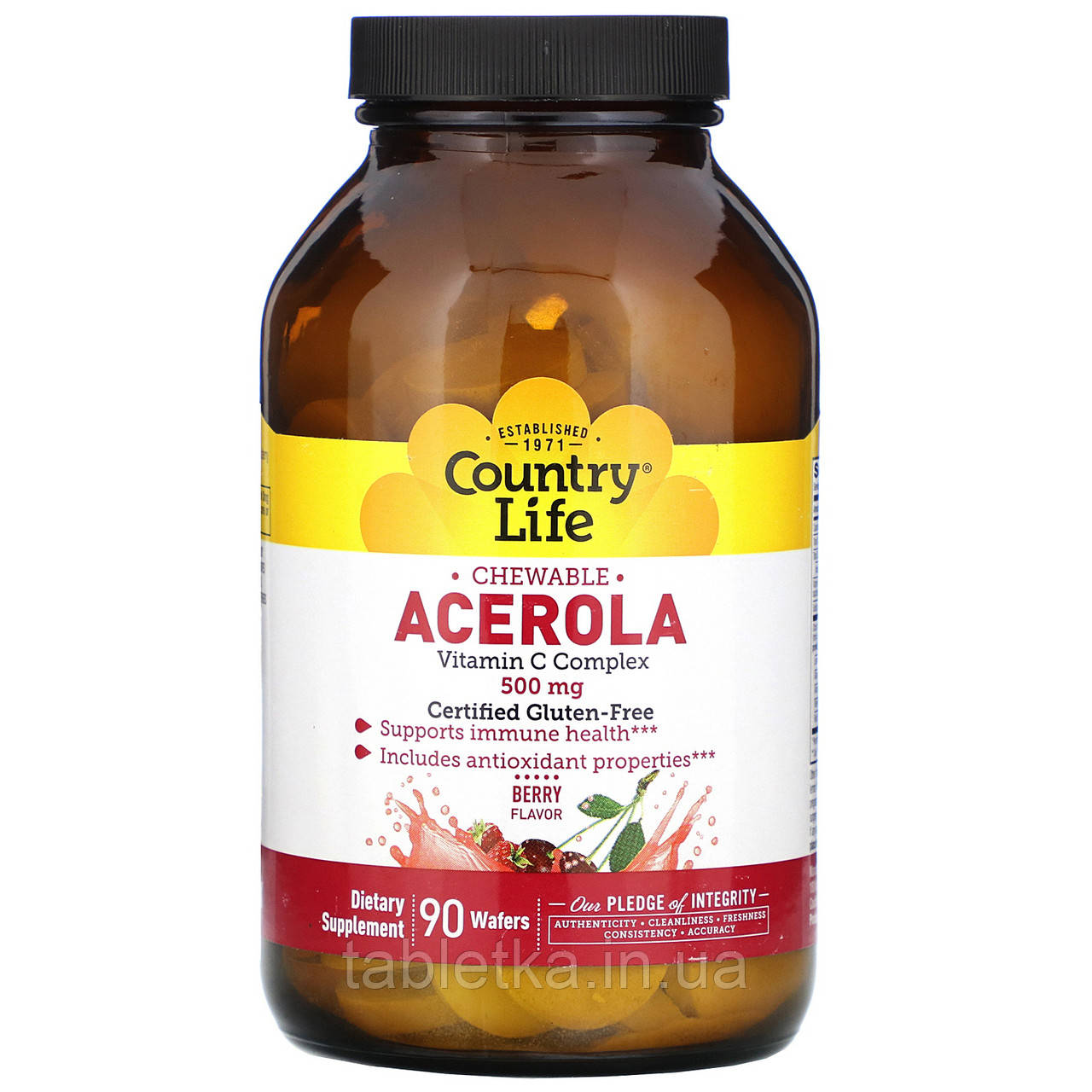 Country Life, ацерола в жувальній формі, комплекс вітаміну С, зі смаком ягід, 500 мг, 90 жувальних
