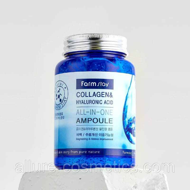 Оригінал! Сироватка з колагеном і гіалуроновою кислотою FARM STAY Collagen & Hyaluronic Acid All In One Ampoule