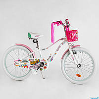 Дитячий двоколісний велосипед для дівчинки Corso Sweety з кошиком, з прикрасами, колеса 20 дюймів, білий
