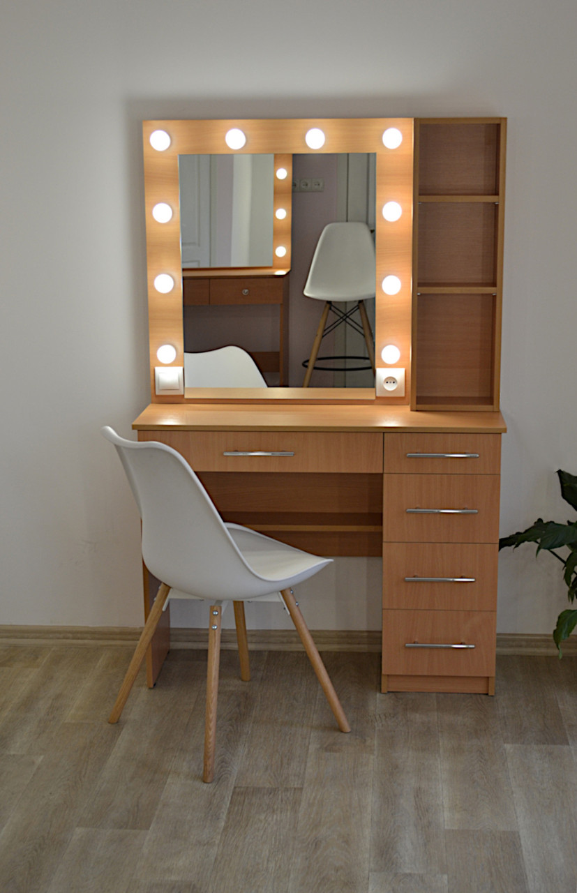 Туалетный столик трюмо и макияжное зеркало с подсветкой и полочками Zerka 1000 mm в цвете Бук - фото 2 - id-p1855240009
