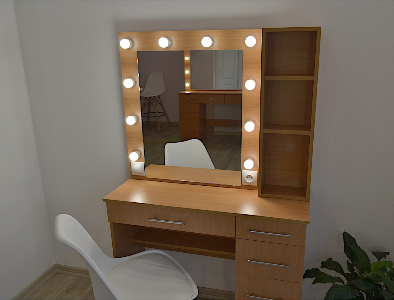Туалетный столик трюмо и макияжное зеркало с подсветкой и полочками Zerka 1000 mm в цвете Бук - фото 5 - id-p1855240009