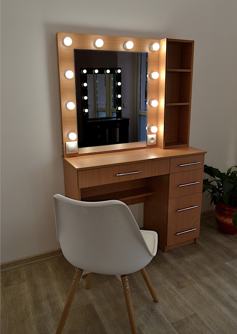 Туалетный столик трюмо и макияжное зеркало с подсветкой и полочками Zerka 1000 mm в цвете Бук - фото 6 - id-p1855240009