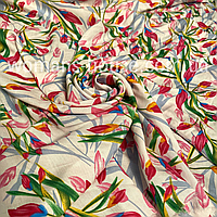 Ткань Штапель с рисунком Тюльпаны на белом