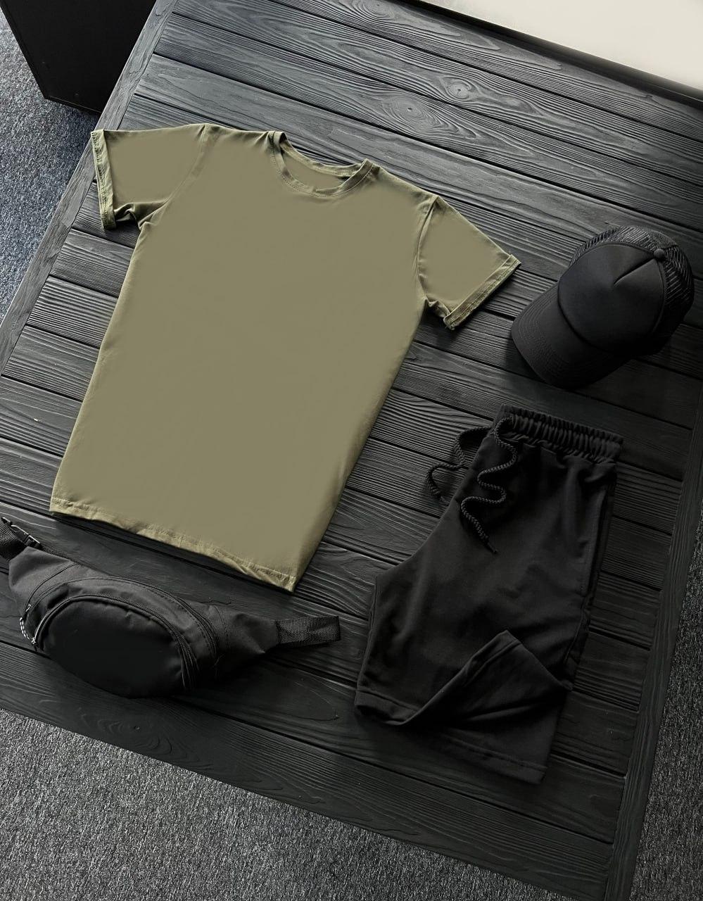 Літній комплект чоловічий футболка шорти кепка бананка basic хакі-чорний спортивний костюм на літо, фото 1