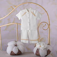 Хрестильний костюм для хлопчика Святик-2, (кофта + штанці + бере), інтерлок, білий / беж (27069110, 27069112),