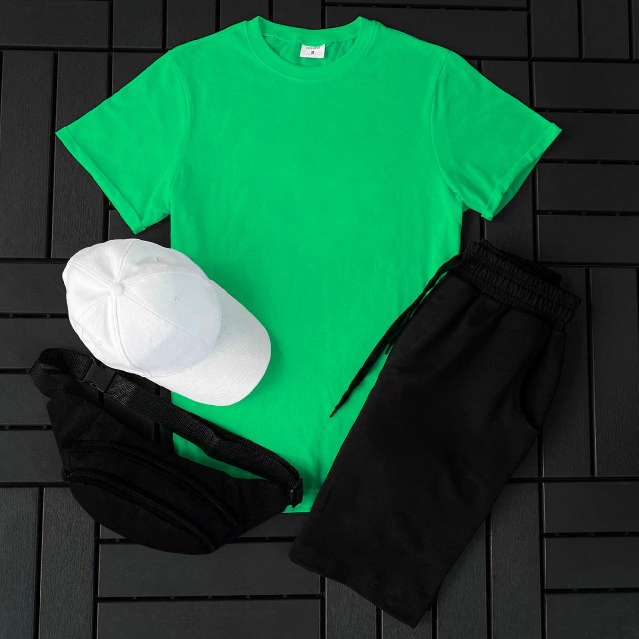 Спортивний костюм літній футболка шорти кепка бананка baze зелений-чорний комплект чоловічий на літо, фото 1