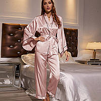 Пижама женская атласная с поясом. Комплект шелковый для дома, сна с длинным рукавом. Кимоно L, Розовый