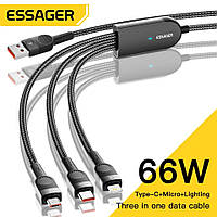 Кабель Essager 66w 3 в 1 Type-C + Lightning + microUSB - USB 120 см