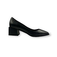 Классические туфли женские лодочки на устойчивом каблуке черные кожаные H2025-A535-S1182 Brokolli 2219