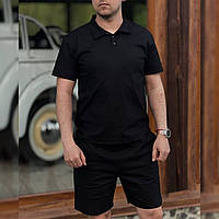 Мужской комплект льняной футболка и шорты черный базовый стильный легкий повседневный premium M