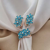 Срібний гарнітур каблучка та сережки Ромашка із золотом та блакитними камінчиками