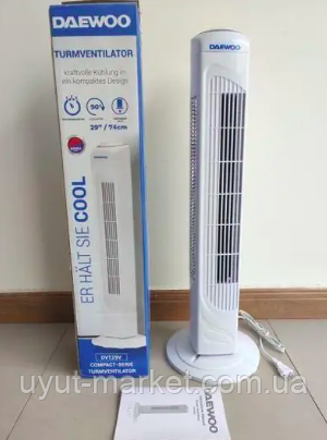 Колонний підлоговий вентилятор 45Вт поворот 90° Turmventilator Daewoo DVT29V, фото 1