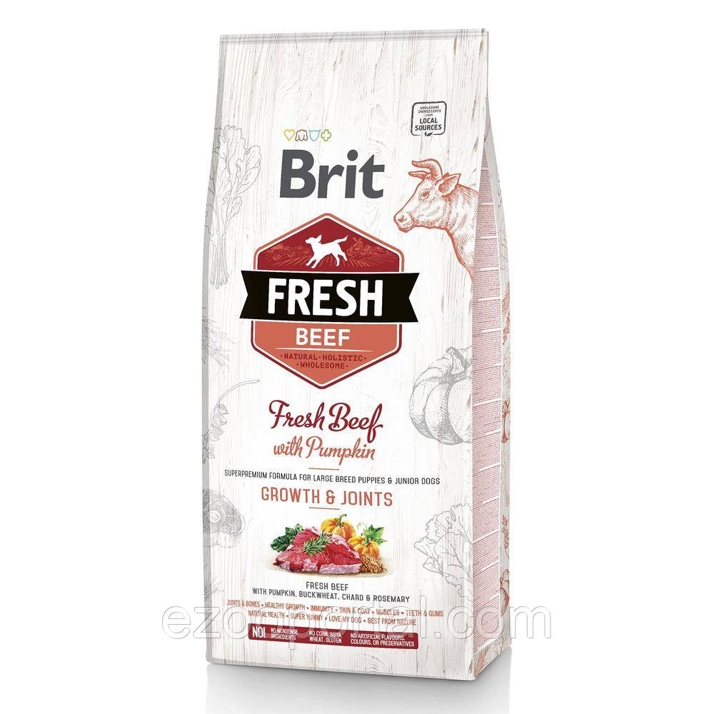 Brit Fresh сухий повнораціонний корм для цуценят великих порід зі свіжою яловичиною і гарбузом 12кг